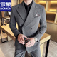 ROMON autumn and winter thickened peaked lapel double-breasted suit suit men's fashionable wedding groom's dress striped formal three-piece suit black (single-piece suit) L