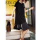 SIN.CYC Hong Kong fashion brand women's short-sleeved round neck dress loose mid-length diamond-encrusted lace splicing summer new fashion European and American style light and mature temperament skirt black 3XL