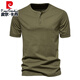 Pierre cardin European and American elastic Henry neck short-sleeved T-shirt men's youth summer casual personality large-size solid color half-sleeved T-shirt trendy light gray L 125-140Jin [Jin equals 0.5 kg]