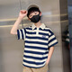 
McTicco boy polo shirt short-sleeved 2025 children's summer striped t-shirt big children's summer half-sleeved street-fried top trendy 9850 blue + 5798 khaki [set] 140