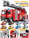 Spray truck sprinkler alloy car toy children's road sweeper fog cannon epidemic prevention and disinfection car boy fog cannon truck plastic model extra large ladder fire truck + 8 pieces