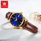 Oleeis Olevs Schweiz zertifiziert Top Ten berühmten Uhren für Männer vollautomatische mechanische Uhren leuchtende wasserdichte Herrenuhren für den Freund Brown Leder Blue Face - Upgrade Collector's Version 6629 Frauen [lebenslange Garantie]