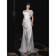 Chuangjingyi selected dress women's banquet evening dress high-end slightly fat French one-shoulder white satin welcome out light wedding dress bride white M