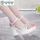 
Woodpecker 2025 new rhinestone fish-mouth shoes for women summer thick sole sponge cake Korean version waterproof platform high heel one-line buckle thick heel sandals blue upgraded version 37