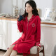 Romon pajamas for women autumn pure cotton long-sleeved cardigan big red nightgown cartoon print casual home wear red XL size