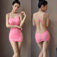 Guiruo jk suit SM thong sexy pajamas ice silk thin backless skirt suit hip skirt fully transparent suspender nightgown pink