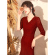 Toast Wear Evening Dress Long Sleeve Dress Bride Autumn and Winter Burgundy Slim Wedding Mermaid Dress Banquet Temperament Reception Burgundy Mid-Length L