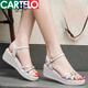 卡帝乐鳄鱼（CARTELO）真皮坡跟凉鞋女2025夏季新品中跟厚底时尚一字带松糕凉鞋夏季百搭 杏色5厘米 36
