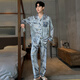 Langsha Men's Pyjamas Spring and Automne Ice Silk Silk Long Manche à style mince Adolescent Garçons Summer Home Claid Cardigan Suit 844 L Taille 90-120Jin [Jin est égal à 0,5 kg]