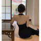 Vestido sexy LPOX con un vestido de cuello halter de hendidura para mujeres, vestido pequeño de gama alta de Xia Hepburn Slim Sexy Long Black L [105-115Jin [Jin equivale a 0.5 kg]]]
