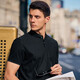 Mr. Cloth Fashion Stand Collar Pure Cotton Herren T-Shirt Frühling und Sommer Neue Slim Black Short Sleeve Business Casual AT12023 Black XL (180)