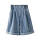 Ikano I.Karnow Girls Denim Shorts Sommer 2025 Neue Kinder mit mittlerer Hose dünne Sommer-Sommer-Outfit modische Hose außerhalb 1450 Blau + 9922 Weiß [Set] 150