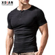 Erneuerung kurzärmeligte T-Shirt für Männer, enge Henry-Kragen reines Baumwollkragen schwarzes T-Shirt für Männer, Slim Sport Top Base Shirt, Schwarz L.