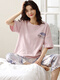 Zhenyunyuan Pyjamas Frauen 2025 Neue Sommer Casual Mode Damen Kurzärärmelte geschnittene Hosenanzug Elegante Heimkleidung Sommer 6189 Blau Kranz Kaninchen weiße Hosen Set l
