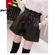 Pierre Cardin Leather Shorts Autumn and Winter Casual Pants Women's Loose Slim Elastic Waist PU Leather Pants Versatile High Waist Wear Wide Leg Pants Boot Pants Flower Bud Style 2XL