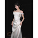 Chuangjingyi selected dress women's banquet evening dress high-end slightly fat French one-shoulder white satin welcome out light wedding dress bride white M