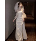 Luzhoudu Huqiu Wedding Dress French Light Bride 2024 New Fishtail Satin Little Man Going Out Yarn Retro Simple Welcome Beige S