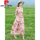 
Pierre cardin retro ethnic style women's long skirt summer age-reducing mother m mother suit lace waist slimming cotton linen dress floral dress 683 pink L