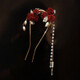 Half red rose tassel hairpin, high-end U-shaped hairpin for women, ancient style cheongsam, bride toasting dress, headdress, red rose tassel hairpin, gold