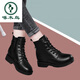 
Woodpecker leather Martin boots for women plus fleece mid-heel 2025 autumn and winter new women's shoes cotton shoes thick heel thick sole British style short boots black plus fleece 37