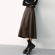 Aubaixi Leather Skirt Women's 2025 Spring Autumn Winter New High Waist Mid-Length Retro Umbrella Skirt A-Line Skirt Khaki M