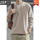 JEEP SPIRIT American Retro Henley Long Sleeve T-Shirt Men's Khaki Retro Old Loom Tube Woven Henley Collar T-Shirt Men's Sand Gray + CPH28 The quality is higher than that of its peers 2XL Fast Delivery
