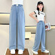 NICKYBABY Girls Summer Jeans Set 2025 New Internet celebrity fashionable children junior high school summer suit short-sleeved wide-leg big children 9889 white + 15030 blue 170