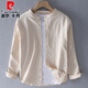 皮尔卡丹（pierre cardin）春夏季小立领亚麻衬衫男装长袖无领衬衣休闲圆领棉麻布上衣服外套 9207军绿色 M