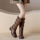 
Feyuega Knight Boots Women's Retro Maillard Thick Heel Belt Buckle Martin Boots But Knee Boots New Western Denim Boots Brown 37