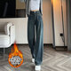 MARKYINXIANG plus velvet warm small person blue and gray design pocket straight jeans thickened high waist floor wide-leg trousers for women blue and gray [thickened] plus velvet HN679-3 S