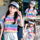 Pitt Pitt Girls Kurzarm T-Shirt Sommer 2025 Neue große Kinder Halbärmel Regenbogenstreifen t Kinder modisch Top Sommer 9889 Weiß 140 cm