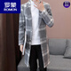 ROMON 2026 new autumn and winter mid-length windbreaker men's Korean style casual coat plus velvet and thickened plaid woolen coat 803 gray 2XL