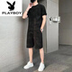 Playboy (PLAYBOY) Pure Cotton 2023 New Ice Silk Short Sleeve T-shirt Set Men's Casual Sports Two-Piece Set Men's Loose Summer Trend 671 Khaki Set L 110Jin [Jin equals 0.5 kg]-130Jin [Jin equals 0.5 kg]