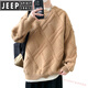 JEEP SPIRIT假两件圆领毛衣男秋冬季菱格提花针织衫青年加厚保暖打底毛线衣 9227卡其 L 约105-125斤可穿