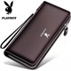 Playboy men's long wallet handbag 2024 genuine leather texture multi-card large-capacity mobile phone bag, brown color single pull + classic coffee