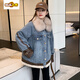 
Lamb-wool denim jacket for women in winter Korean style casual loose plush thickened wool collar cotton jacket parka warm blue wool collar/detachable L