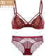 Modal Sexy Underwear Women's Small Breast Gathering 2025 New Zodiac Year Red Lace Wireless Red Bra Set Burgundy (Bra + Panties) L Suitable for 80/36 Bust