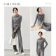 Chandubila fashionable and elegant lace-up one-line collar pleated waist top straight wide-leg pants suit dark gray M