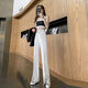 Zhidoudou aunties 200 Jin [Jin equals 0.5 kg] Fat M slit suit pants make you look slim and tall, straight wide-leg loose floor pants summer white 9896 (regular style with button zipper) One size S