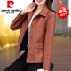 Pierre cardin leather jacket for women 2025 new spring and autumn short middle-aged mother I mother women PU leather versatile autumn jacket top Black XL (105-120Jin [Jin equals 0.5 kg])