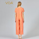 VOA jacquard crown crepe round neck short sleeve ruffle fashionable age-reducing loose straight mulberry silk jumpsuit KE688 Qinyuan Pink Orange (F49) XL