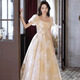 Li Baixin French evening dress for women, high-end champagne color, high-end light luxury niche fairy gauze host vocal music test skirt champagne color 3XL recommended 130-135 Jin Jin equals 0.5 kg