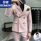 ROMON Double-breasted Suit Men's Slim Fit 2023 Trendy New Performance Dress Fashion Small Suit Dark Green Two-piece Suit + Pants (XL)