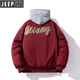 JEEP SPIRIT American retro terry embroidered baseball jacket men's autumn and winter loose bomber jacket couple wear cotton jacket spring and autumn thin. style burgundy removable hood 3XL recommended 165-195Jin Jin equals 0.5 kg