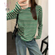 T-shirt rayé à manches à manche rond Bayuan pour femmes au début de l'automne et de la conception d'hiver Niche lâche et polyvalent à fond intérieur décontracté.