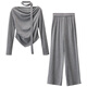 Chandubila fashionable and elegant lace-up one-line collar pleated waist top straight wide-leg pants suit dark gray M