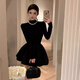 LeCali Hepburn style dress for spring and autumn with ballet princess style tutu skirt bottoming half turtleneck little black dress Hepburn style dress XL without pearl chain
