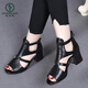 Pic 2025 Sandales romaines d'été pour femmes, talons épais, talons hauts à poisson, bottes courtes creux, chaussures en cuir à mi-nœuds, noir 37