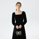 
Fan Silann velvet low square collar French black skirt for women 2024 winter new elegant annual meeting dress 14698 black L