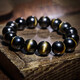 Shi Yue Jewelry Collection Grade 14mm Gold Cat's Eye Natural Obsidian Bracelet Zodiac Year Transport Bead Crystal Bracelet for Men and Women